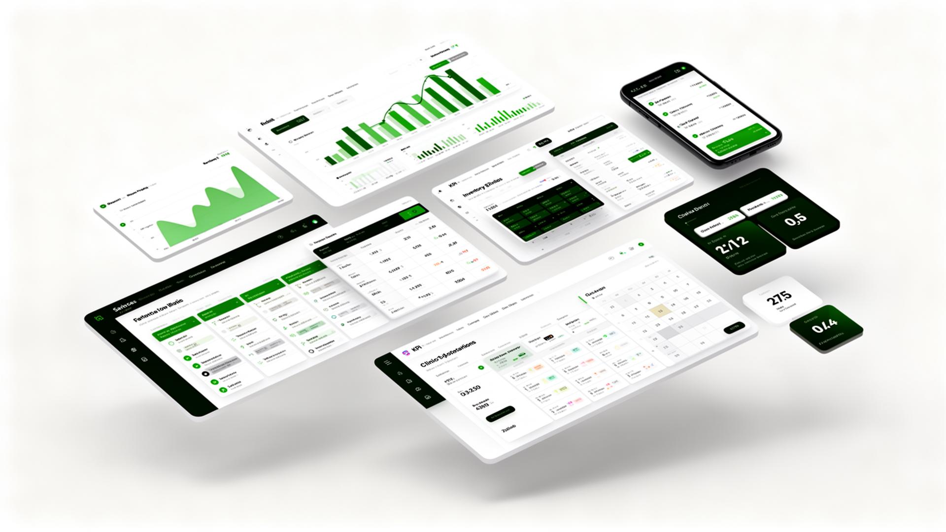 Dashboard mockups for analytics, inventory, POS and clinic systems